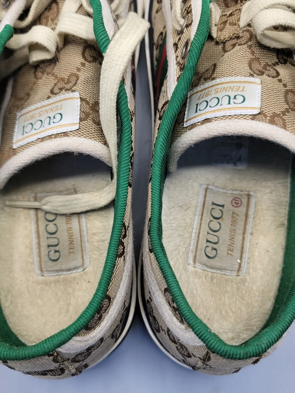 Gucci Tennis 1977 Web GG Monogram Mens Beige White Sneakers
